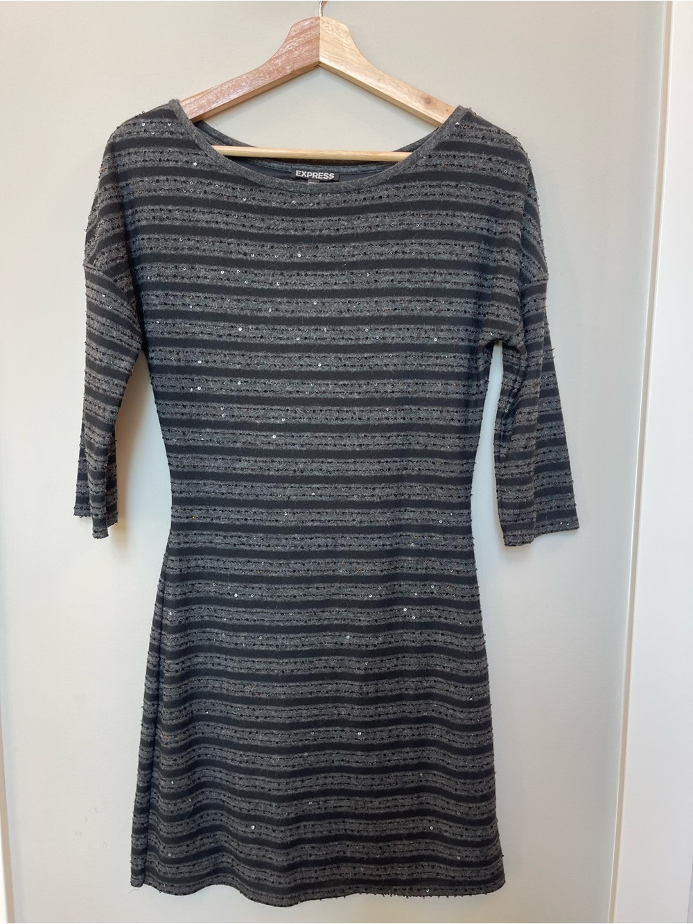 Express Women's Black and Gray Striped Sequin Long Sleeve Dress